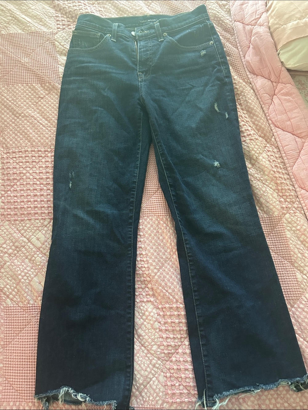 Lucky Brand Dark Indigo Flare Jeans with Frayed Hem- Crop Mini Boot